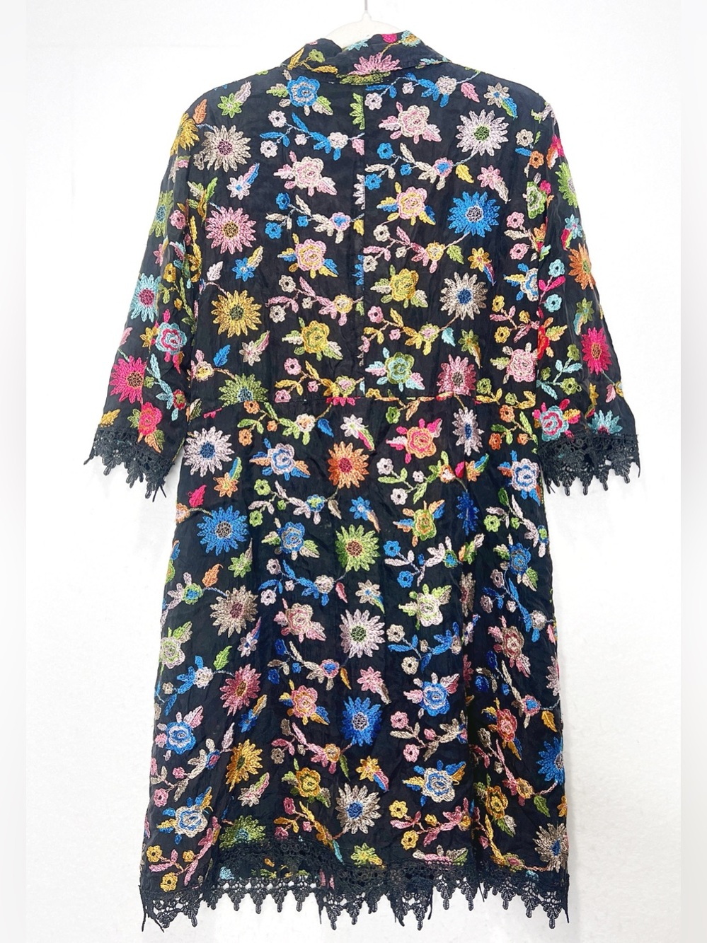 Ohm Hand Embroidered Floral Duster Coat Black Silk Lace Trim Boho Art Wear Rare - Picture 2 of 8